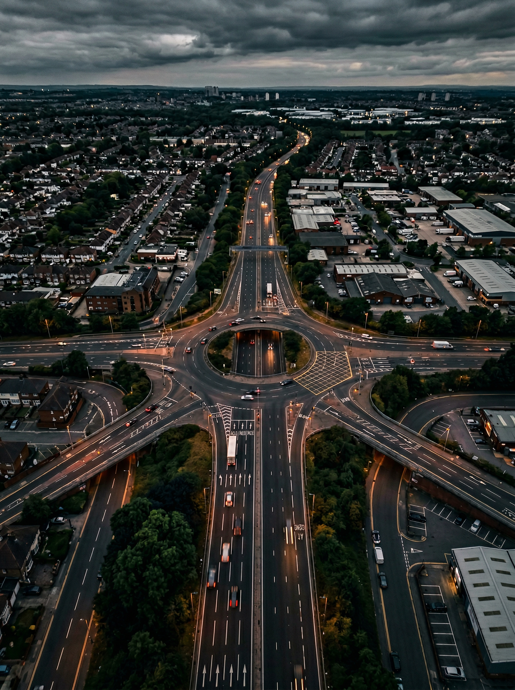 Aerial view of a British road junction at dusk